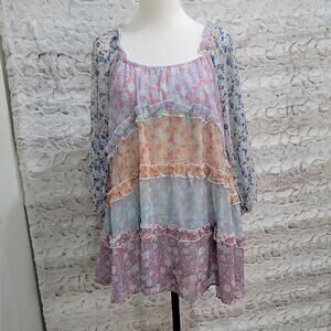 Boho Popover Patchwork Peasant  Mini Dress, Sz S Pastels, Multi Tiered Ruffles